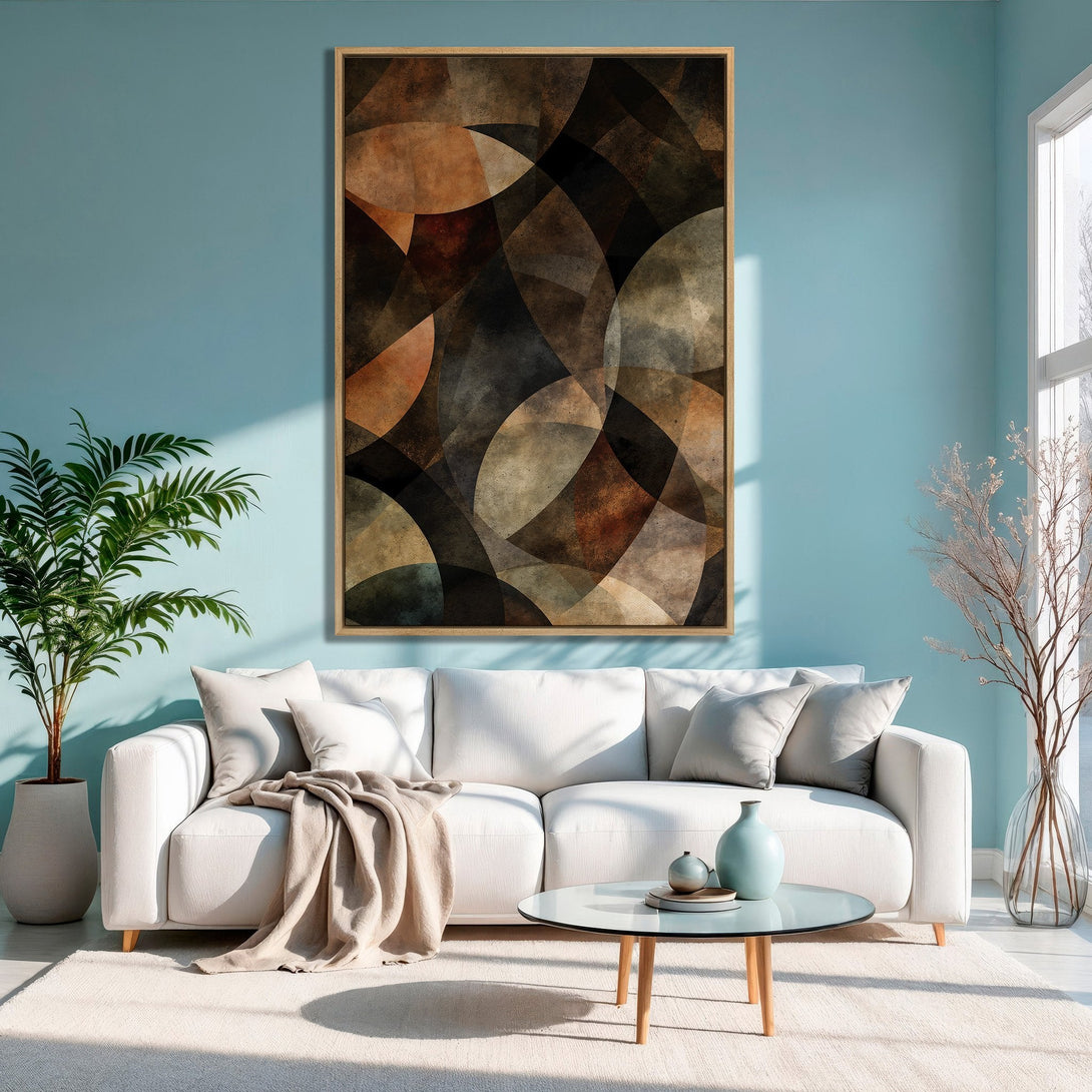 Abstract Canvas Print with warm earth tones and geometric shapes, displayed in a modern living room with a soothing blue wall.