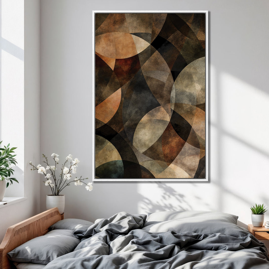 Framed Wall Art: Abstract geometric design in earthy tones. Modern canvas print adds warmth and style to any bedroom decor. Shop now!