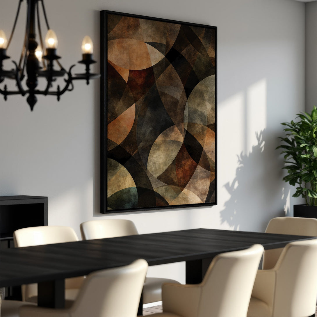 Framed Wall Art: Abstract geometric design in warm earth tones. Modern art Canvas Print adds sophisticated style to any dining room.