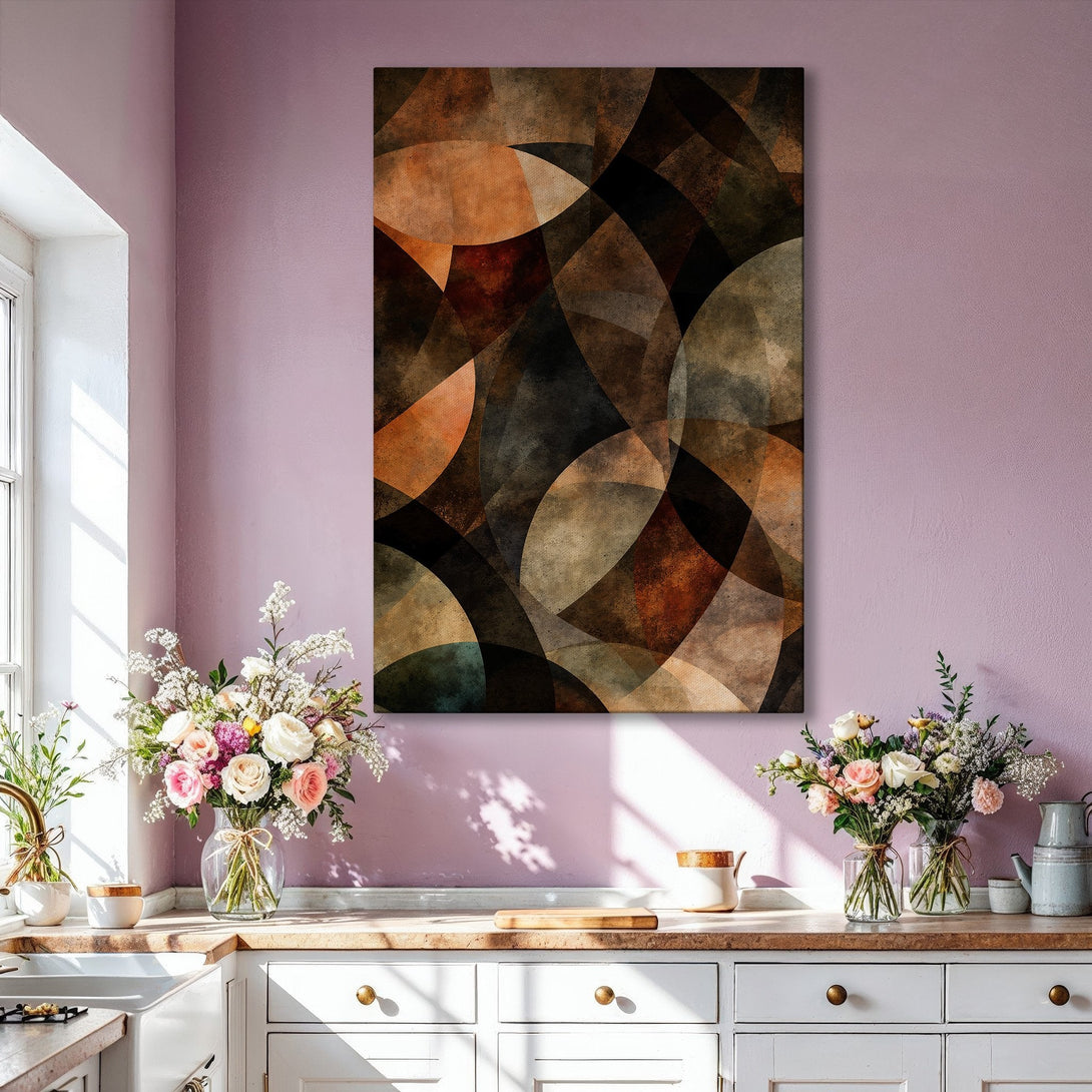 Framed Wall Art: Abstract geometric design in warm earth tones. Modern decor featuring a brown, beige, and black color palette to enhance any space.