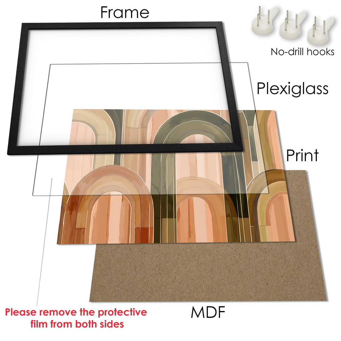 Framed Poster featuring abstract arches in warm earth tones. Modern art print with a minimalist style, perfect for home decor.
