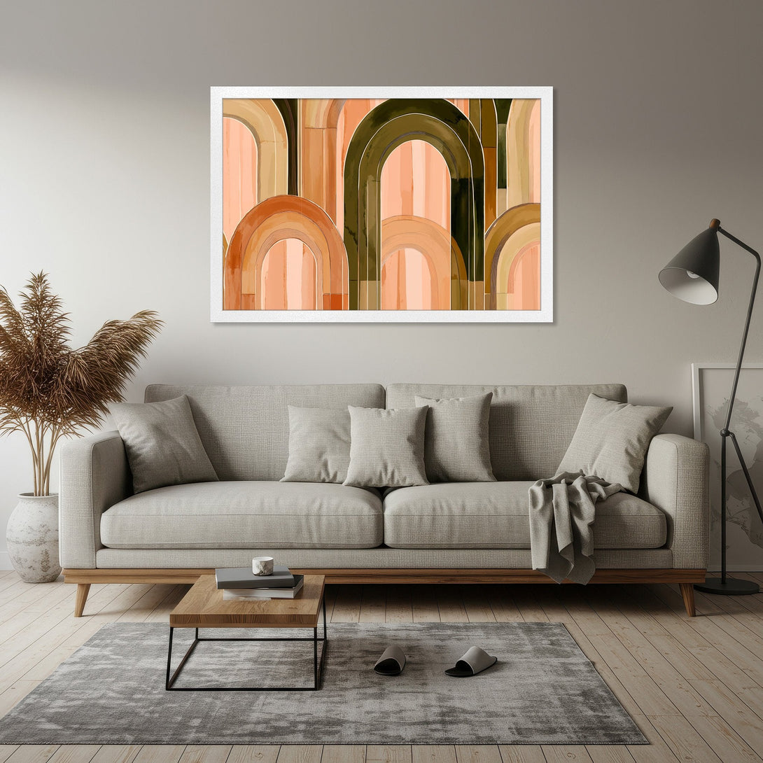 Framed Poster featuring abstract arch design in warm terracotta, olive, and beige tones. Perfect wall art for a modern living room.