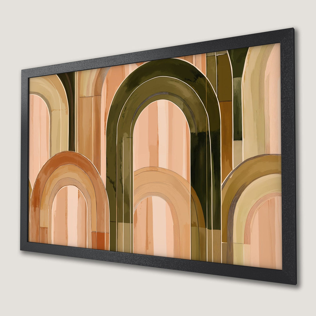 Framed Poster featuring abstract arch design in earthy tones. Modern art print for home decor.