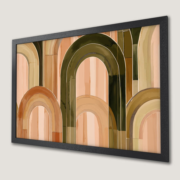 Framed Poster featuring abstract arch design in earthy tones. Modern art print for home decor.
