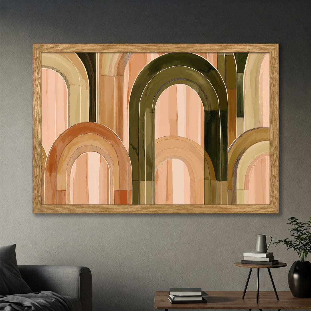 Framed Poster featuring abstract arch design in earthy tones. Modern art print with a warm, neutral color palette. Perfect wall decor.