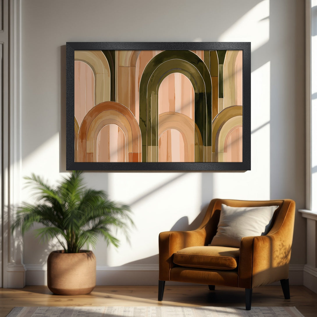 Framed Poster featuring abstract arches in warm earth tones. Modern art style for home decor.