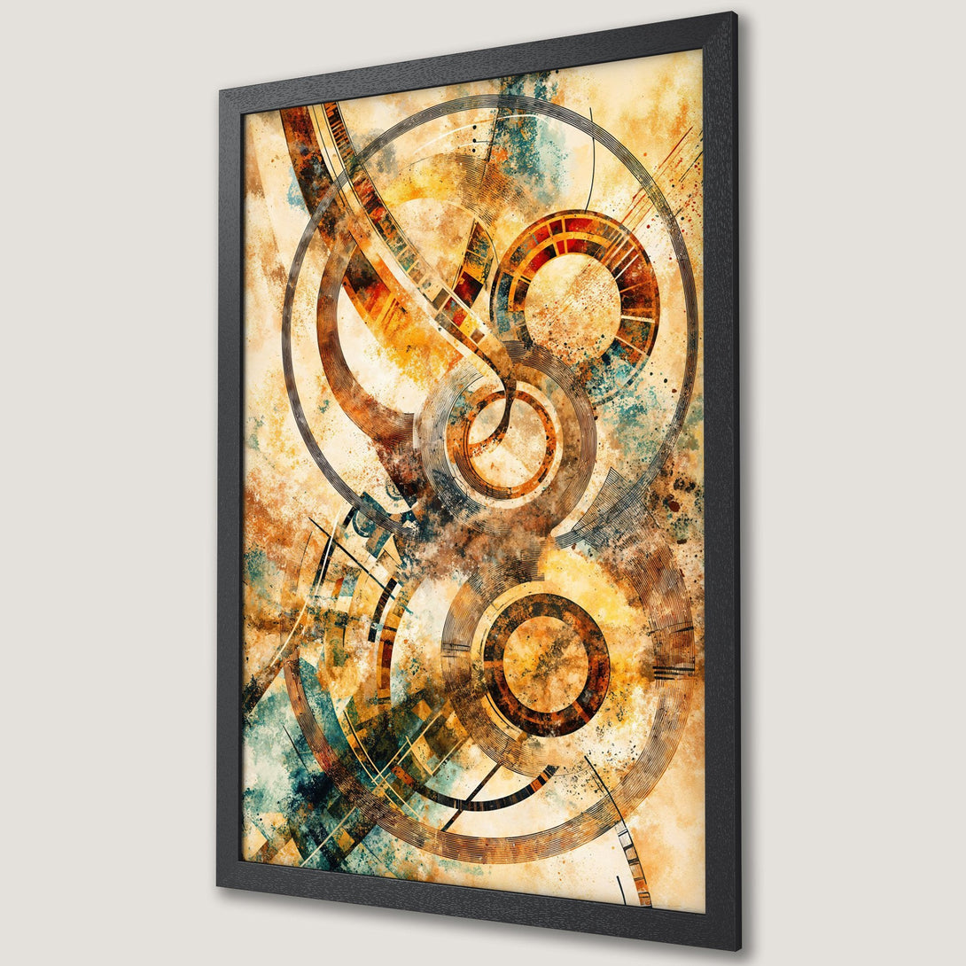 Framed Poster featuring abstract geometric art in warm orange, brown, and teal tones. Modern wall art to elevate any space!