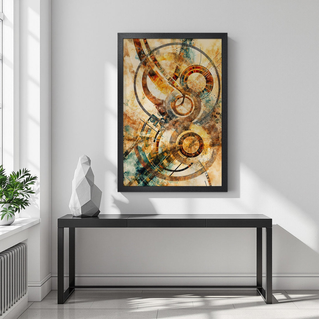 Framed Poster featuring abstract geometric art in warm earth tones, perfect for modern home decor.