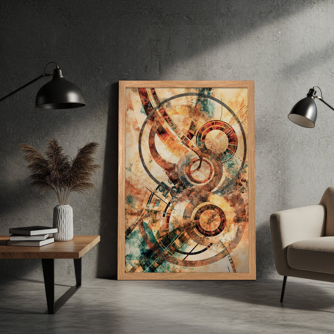 Framed Poster featuring abstract geometric art in warm orange, brown, and teal tones. Perfect wall decor for modern spaces.