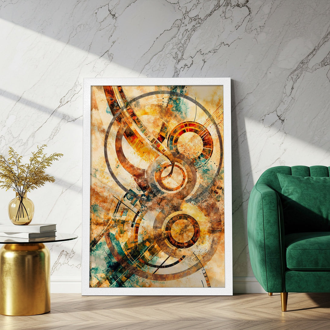 Framed Poster featuring abstract geometric art in warm orange, brown, and teal tones. Modern wall art for your home decor.