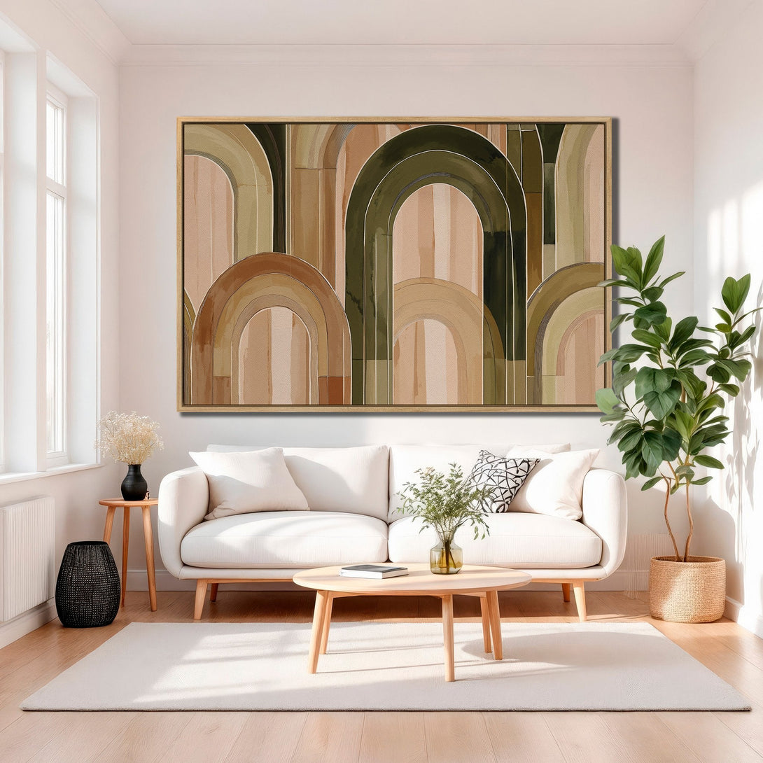 Framed Wall Art featuring an abstract arch design in earthy tones. Modern art canvas print adds a touch of elegance to any living room.