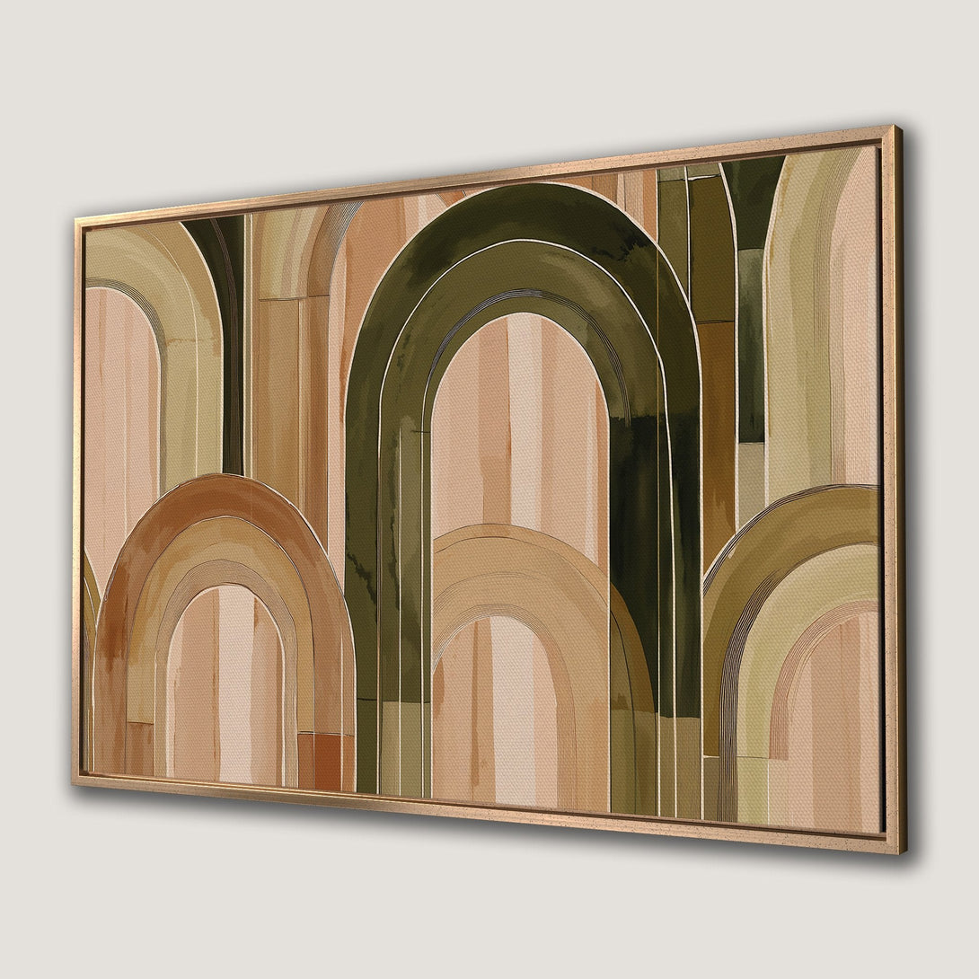 Framed Wall Art featuring an abstract arch design in earthy tones. Modern canvas print perfect for adding a touch of elegance to any room.