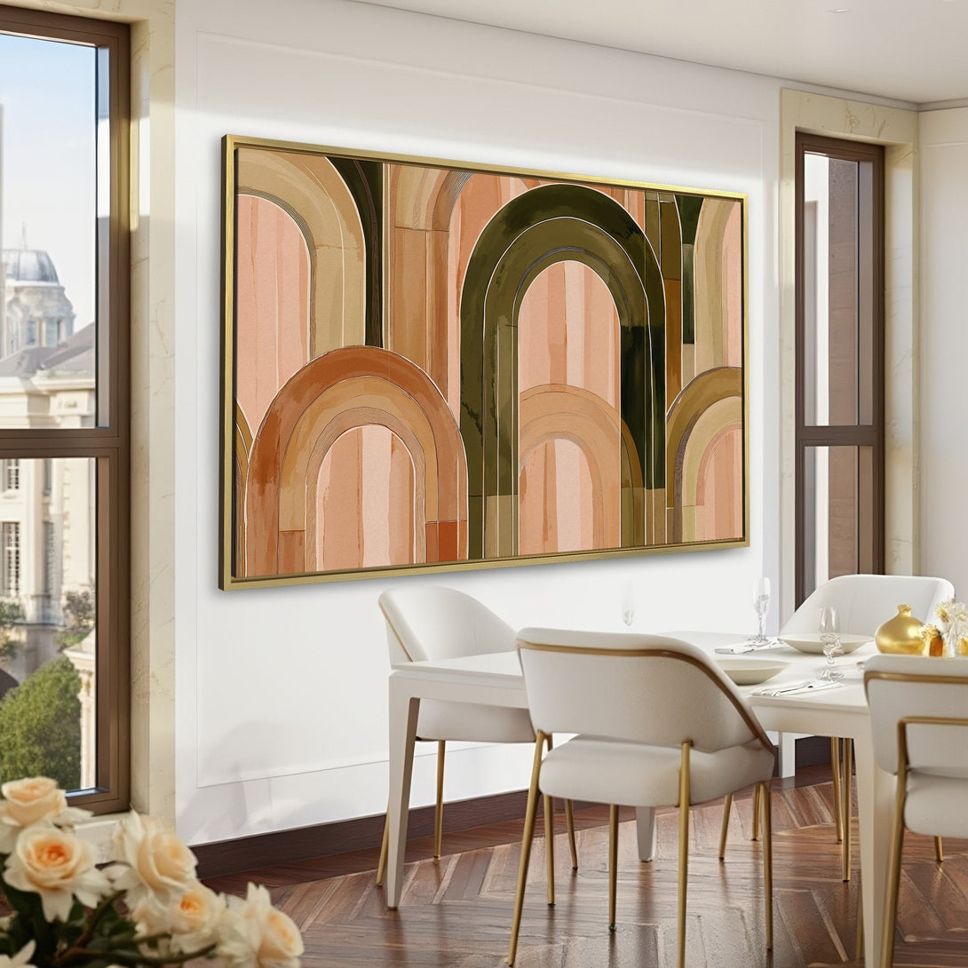 Canvas Print: Abstract arch design in earthy tones, displayed in a sophisticated green interior, perfect for adding a touch of modern art to your space.