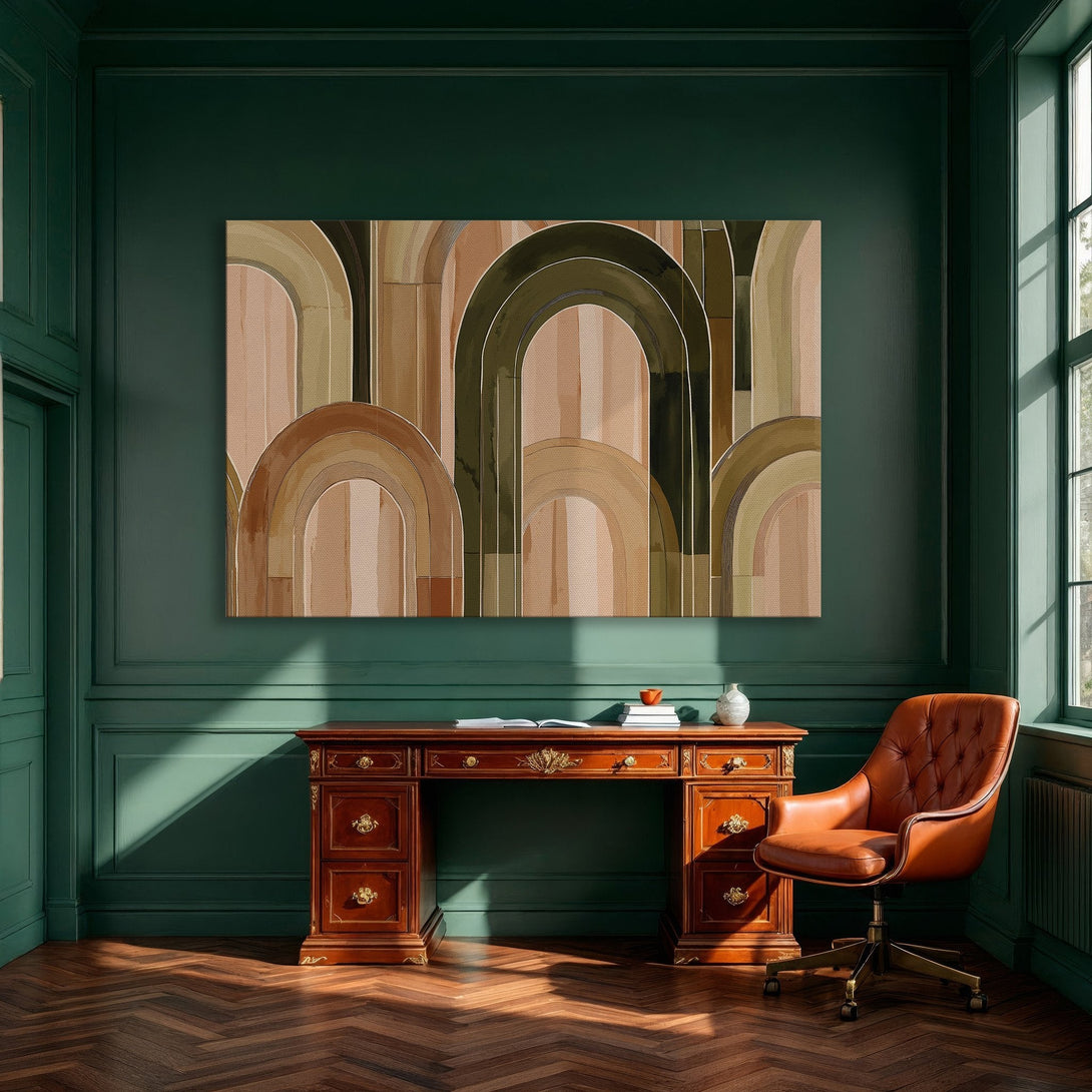Framed Wall Art featuring abstract arch design in warm earth tones. Perfect for dining rooms! Shop modern art & elevate your home decor.