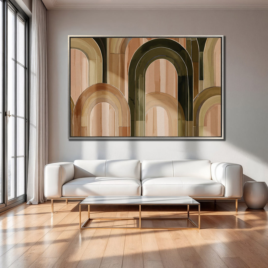 Framed Wall Art: Abstract arch design in warm earth tones. Modern decor accent for living room. Canvas Print with a neutral color palette.