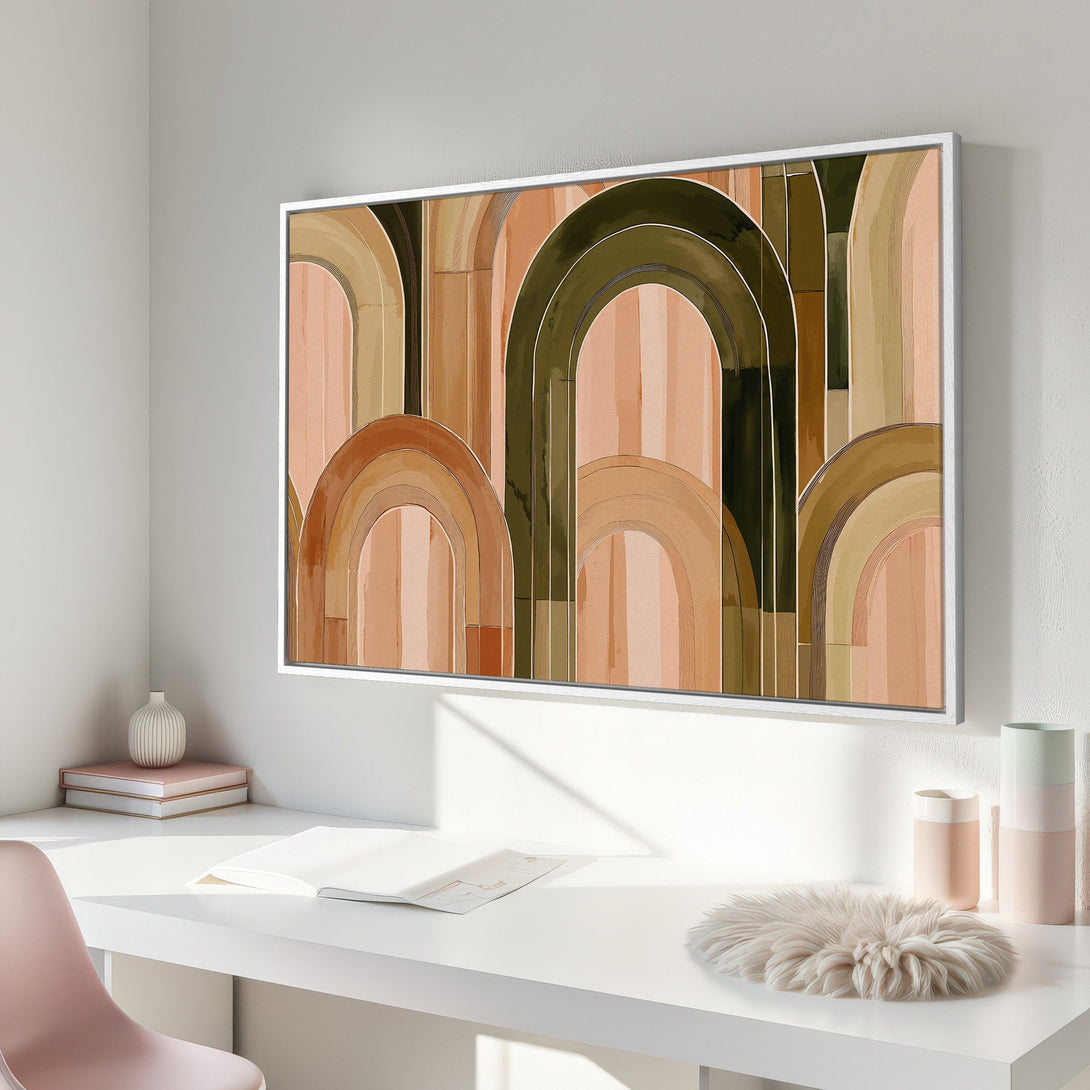 Framed Wall Art featuring an abstract arch design in warm earth tones. Modern art print perfect for adding style to any space.
