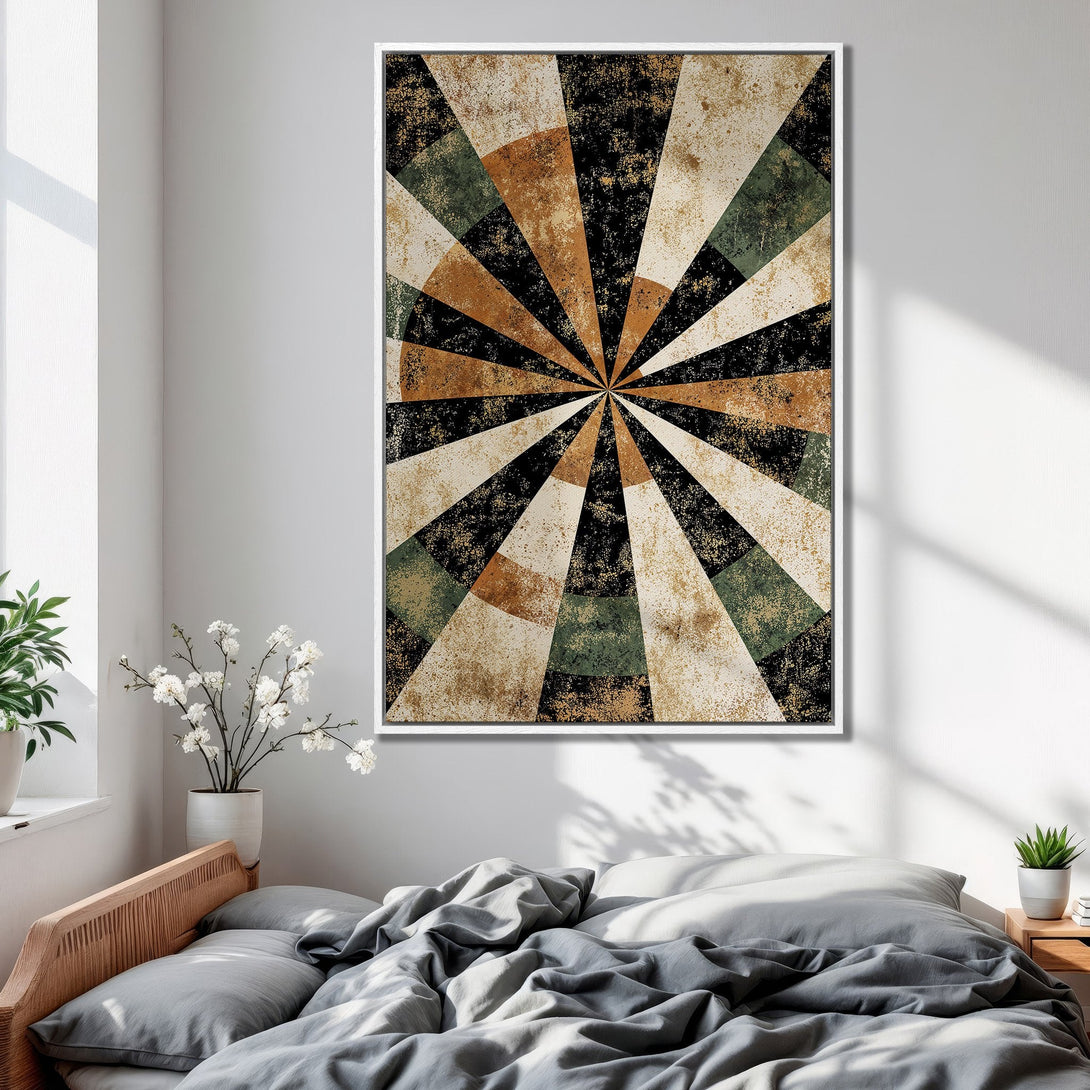 Framed Wall Art: Abstract geometric sunburst design in earthy tones of brown, green, black, and cream. Modern art for bedroom decor.