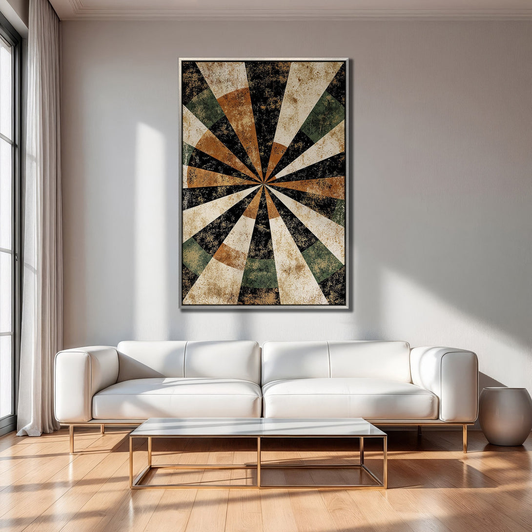 Framed Wall Art: Abstract geometric design in warm earth tones. Modern art piece adds a stylish focal point to any living room.