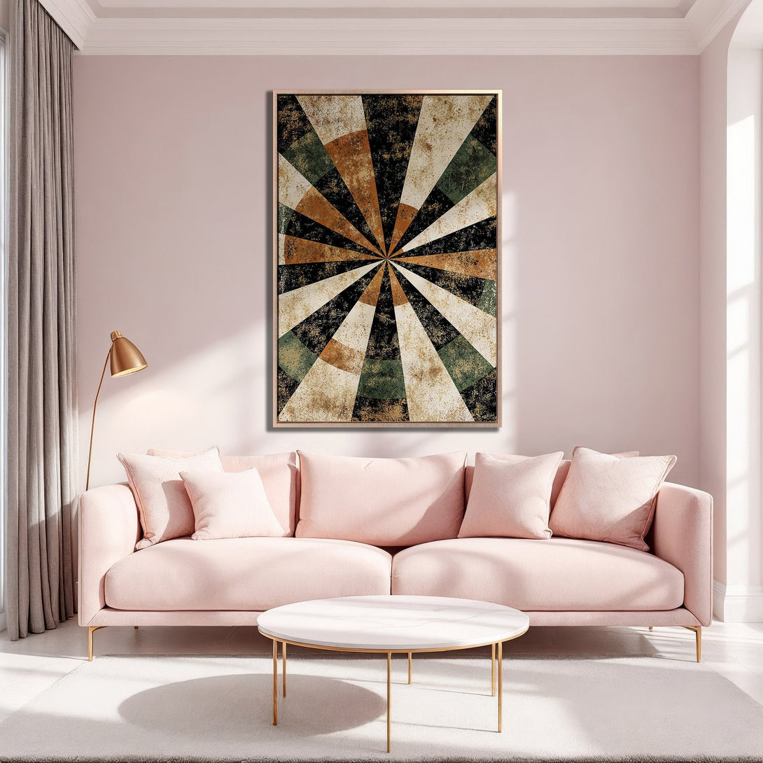 Framed Wall Art: Geometric abstract design in earthy tones. Modern art piece with a warm color palette, perfect for living room decor.