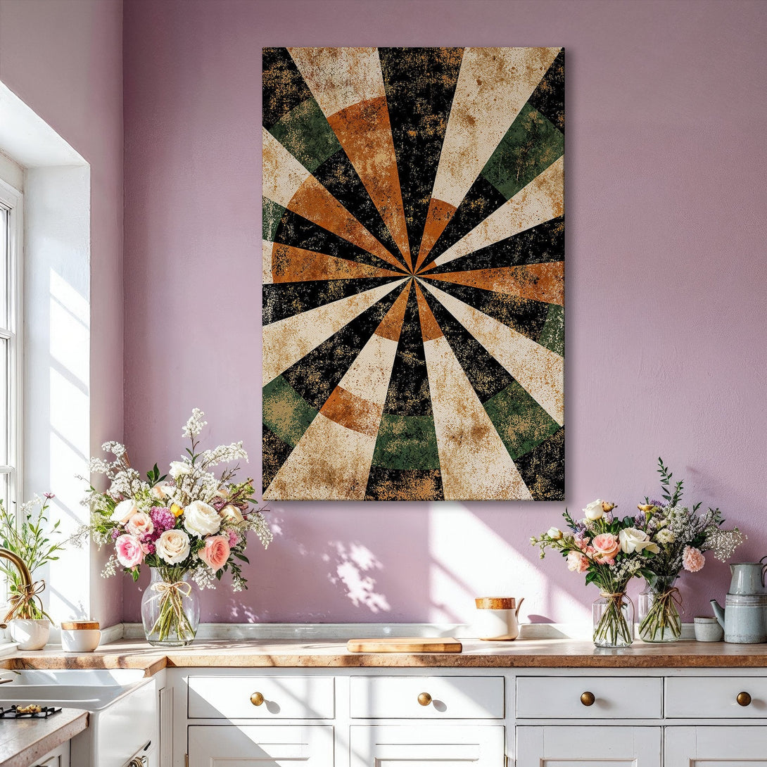 Framed Wall Art: Abstract geometric art in earthy tones of brown, green, and black. Adds a modern touch to any living room. Shop now!