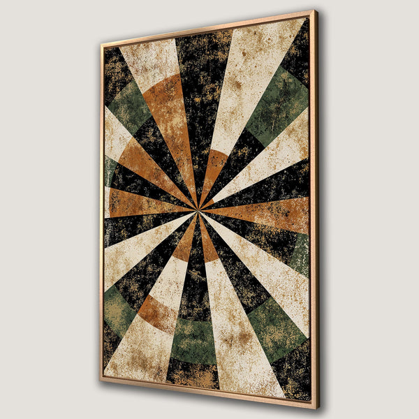 Framed Wall Art featuring an abstract geometric design in a retro style. Earthy color palette with shades of brown, green, black, and cream. Perfect for modern decor.