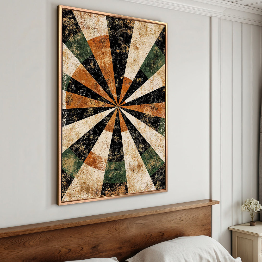 Framed Wall Art: Abstract sunburst design in earthy tones of orange, green, and black. Adds a modern touch to any space. Shop now!