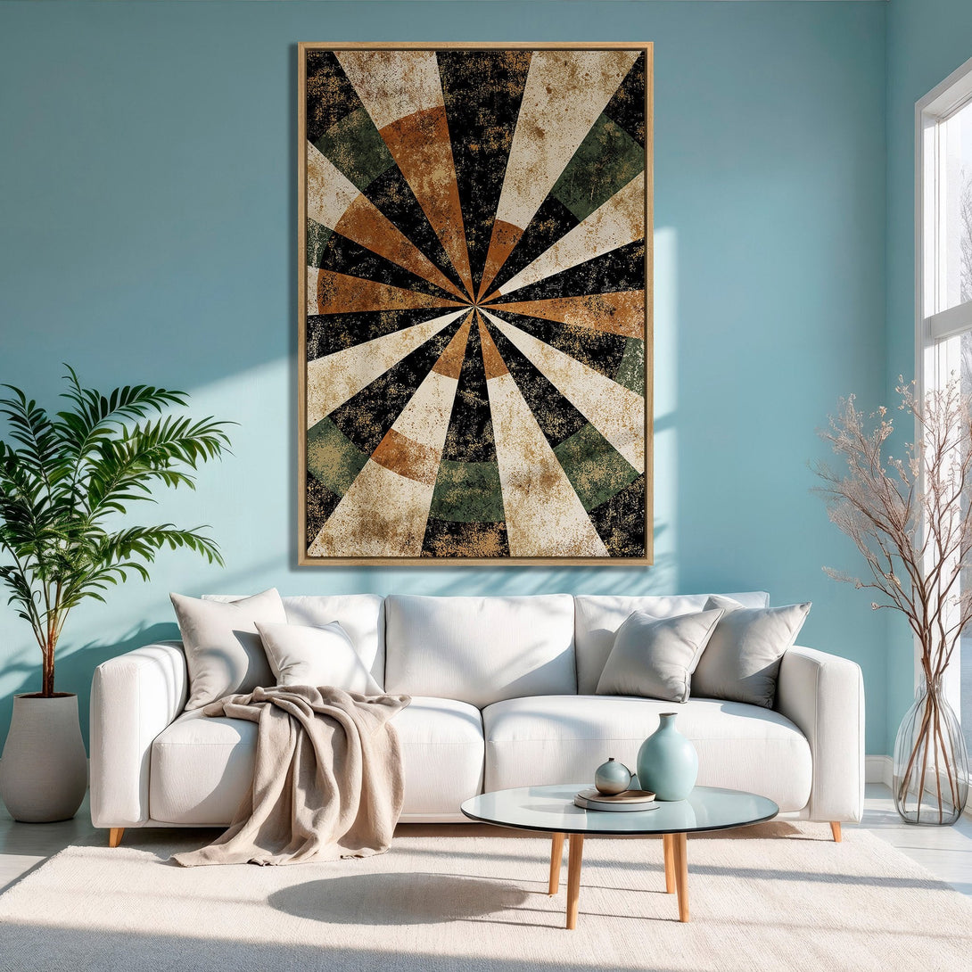 Framed Wall Art: Abstract geometric design in earth tones. Modern decor inspiration for living rooms. Adds warmth and style.
