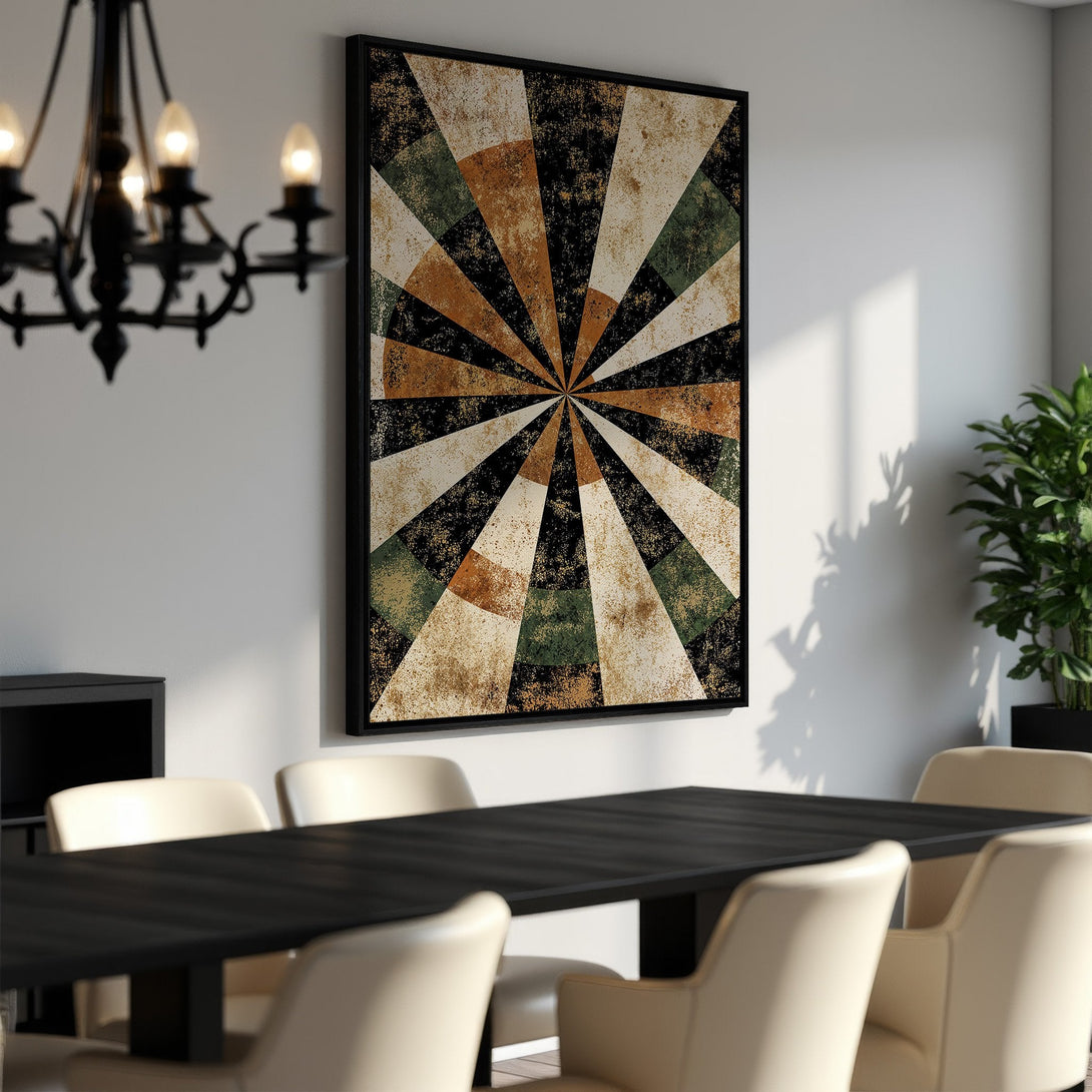Framed Wall Art featuring a geometric sunburst design in earthy tones of brown, green, and black. Modern art for dining room decor.