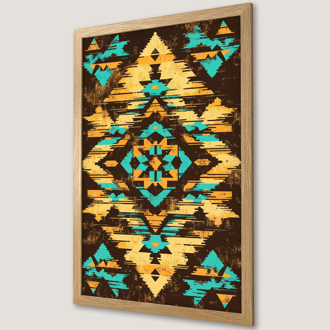 Framed Poster featuring a geometric tribal design in brown, teal, and yellow. Perfect wall art for a modern, stylish home.
