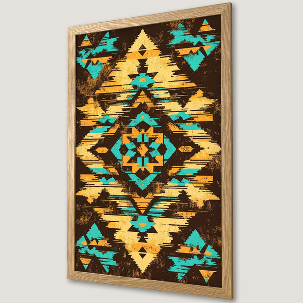 Framed Poster featuring a geometric tribal design in brown, teal, and yellow. Perfect wall art for a modern, stylish home.