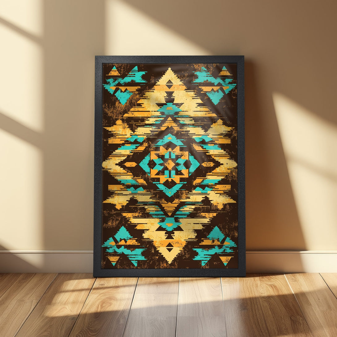 Framed Poster featuring a geometric tribal design in teal, yellow, and brown. Rustic style, perfect for adding a touch of art to your space.