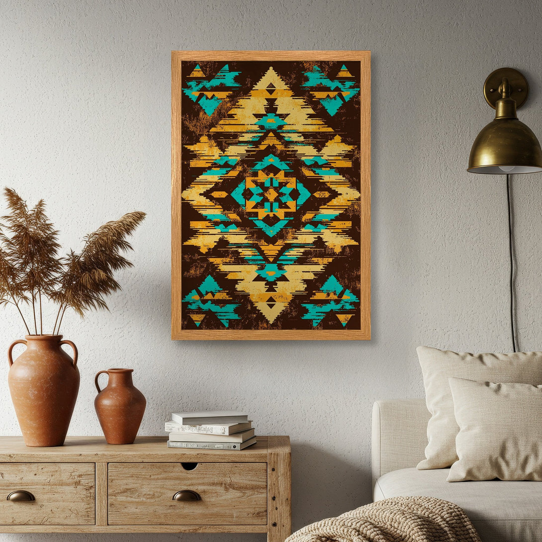 Framed Poster featuring a geometric tribal design in brown, teal, and yellow. Perfect wall art for any home!