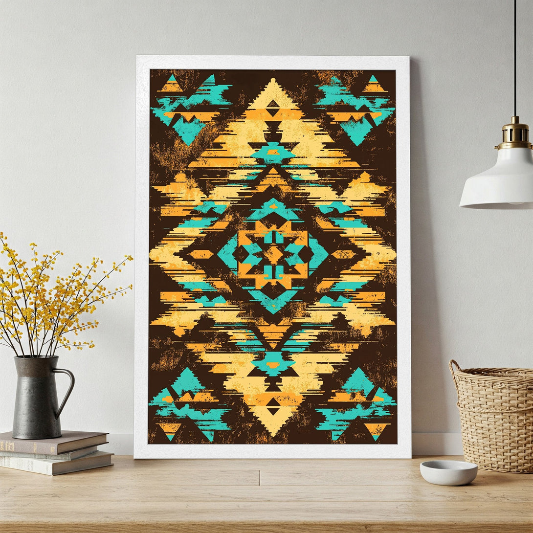 Framed Poster featuring a geometric tribal design in brown, teal, and yellow. Perfect wall art for a stylish home!