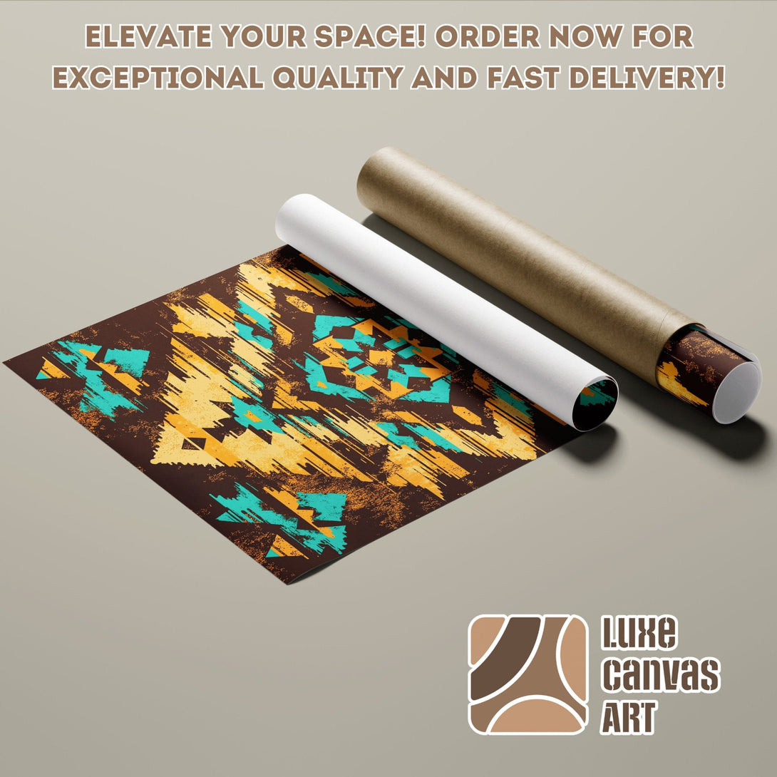 Abstract art Poster Roll with brown, teal, and yellow color palette. Elevate your space with Luxe Canvas Art! Order now for fast delivery!