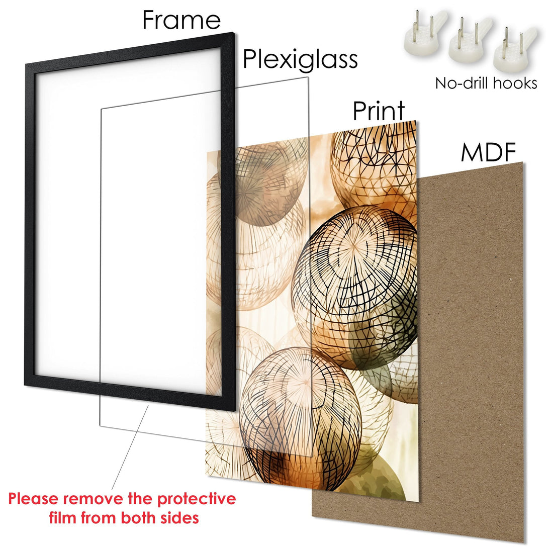 Framed Poster featuring abstract spheres in warm earth tones. Modern art print for home decor. Ready to hang!