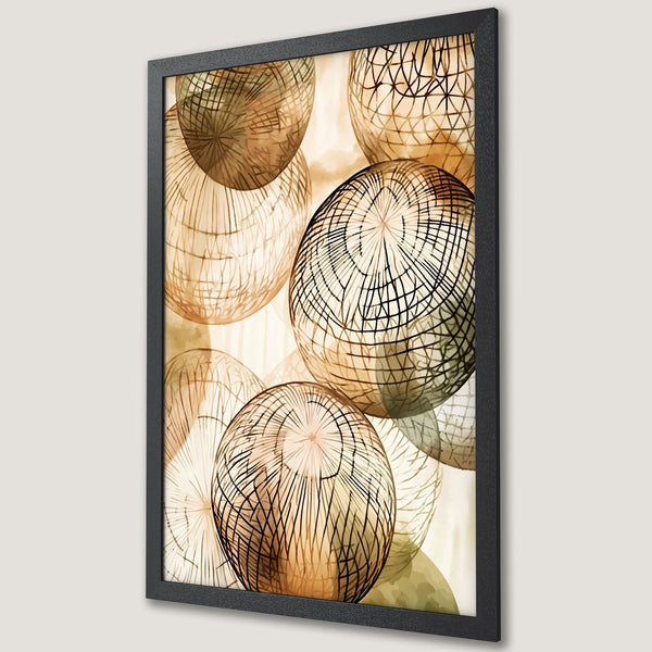 Framed Poster featuring abstract geometric spheres in a warm, earthy color palette. Modern art print for home decor.
