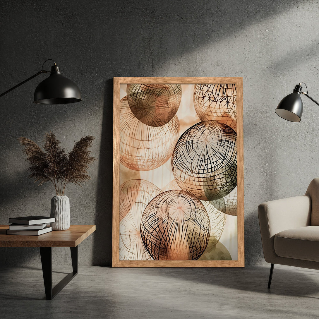 Framed Poster featuring abstract spheres in a neutral color palette, perfect for modern home decor. Add a touch of art to your space!