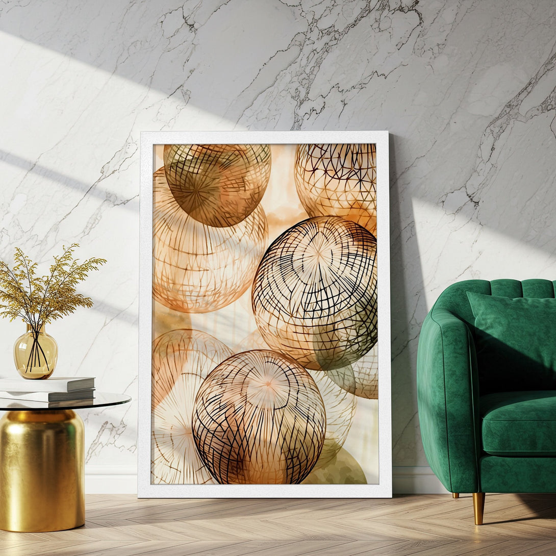 Framed Poster featuring abstract spheres in warm tones. Modern art print with a neutral color palette, perfect for any decor.