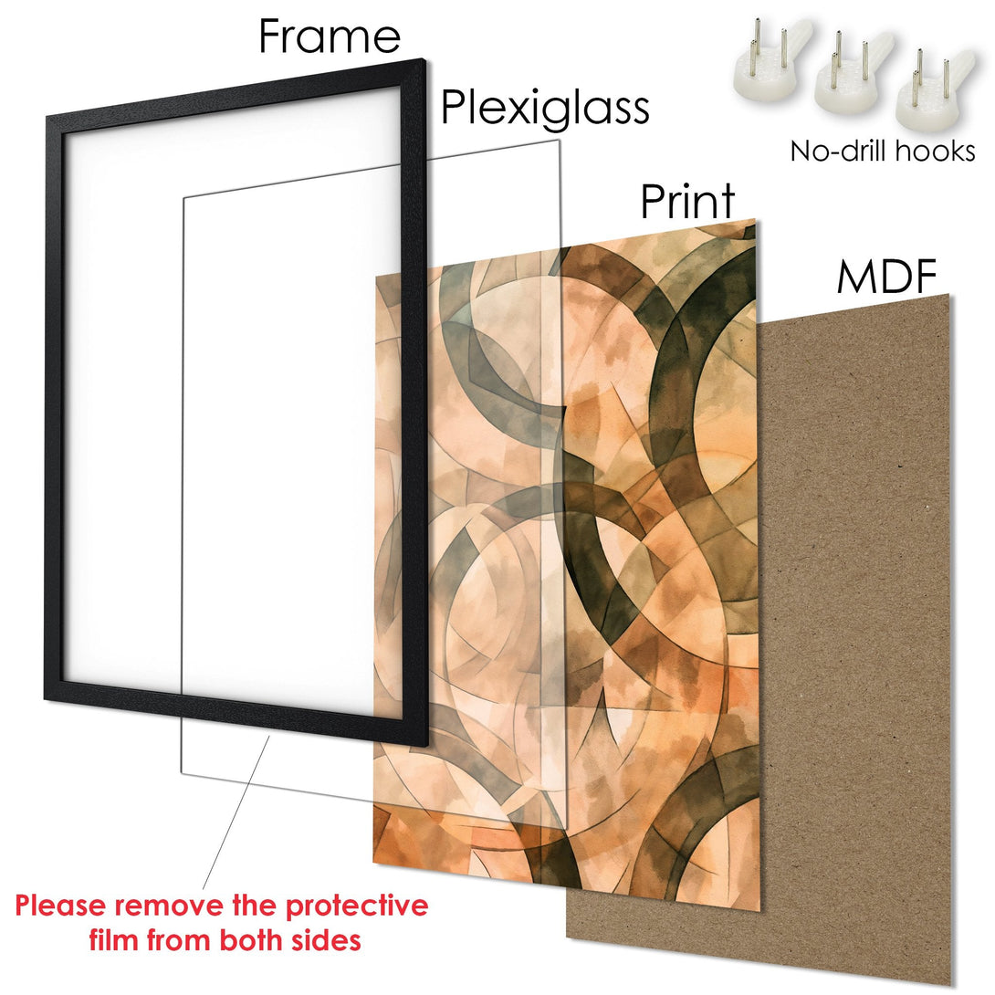 Framed Poster with abstract geometric art in warm earth tones. Ready to hang with no-drill hooks. Perfect wall decor!