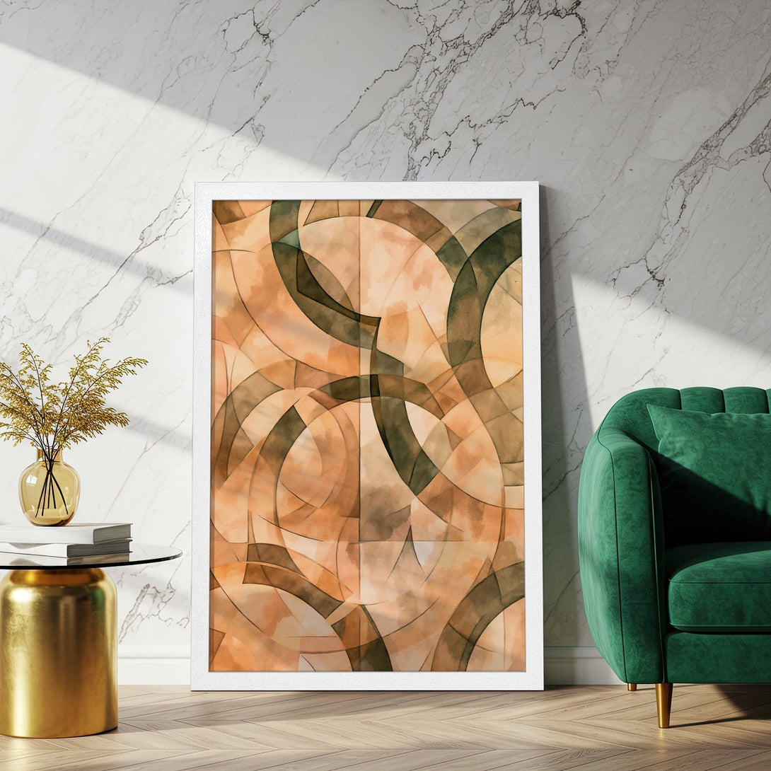 Framed Poster featuring abstract watercolor art in warm orange and green tones. Modern wall decor for any space.