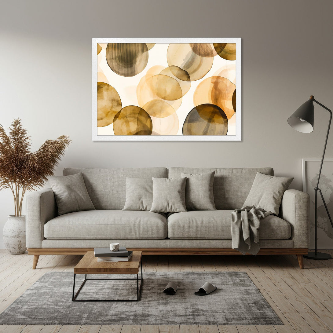 Framed Poster featuring abstract watercolor circles in warm brown and gold tones, perfect for modern home decor.