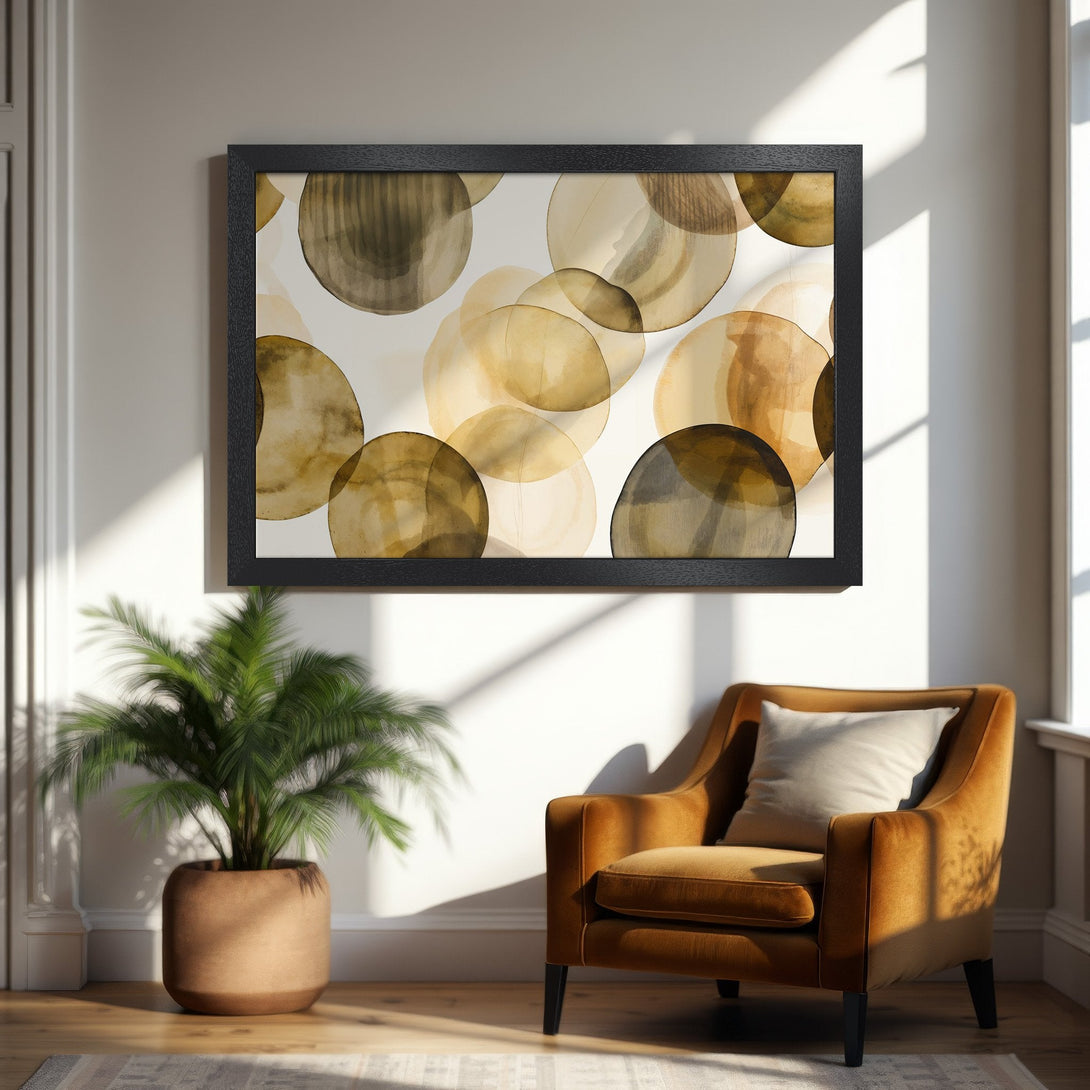 Framed Poster featuring abstract watercolor circles in warm earth tones. Perfect wall art for a cozy living room.