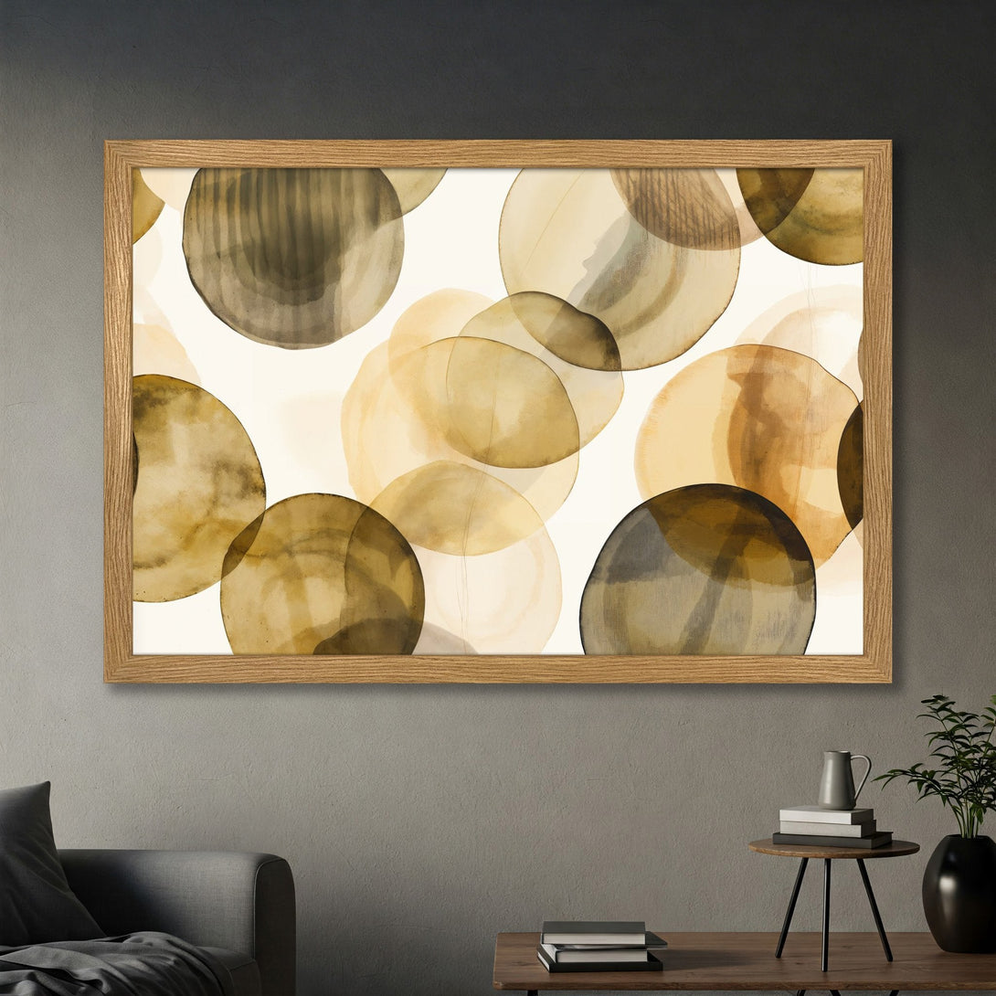 Framed Poster featuring abstract watercolor circles in earthy tones. Modern art print perfect for home decor.