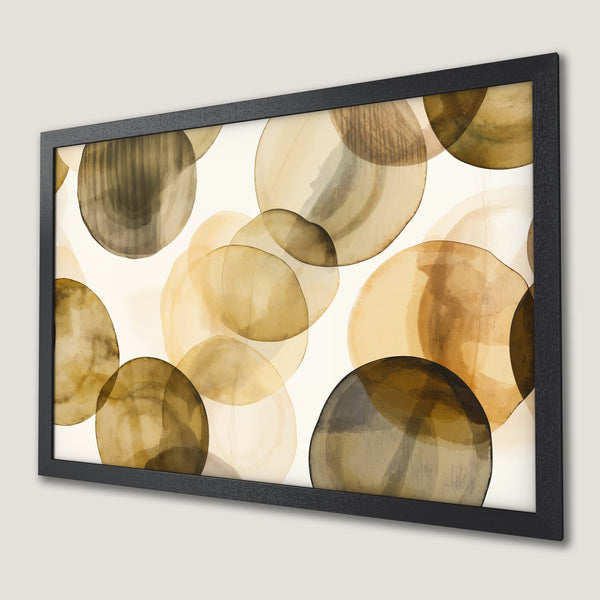 Framed Poster featuring abstract watercolor circles in warm earth tones. Modern art print for home decor.