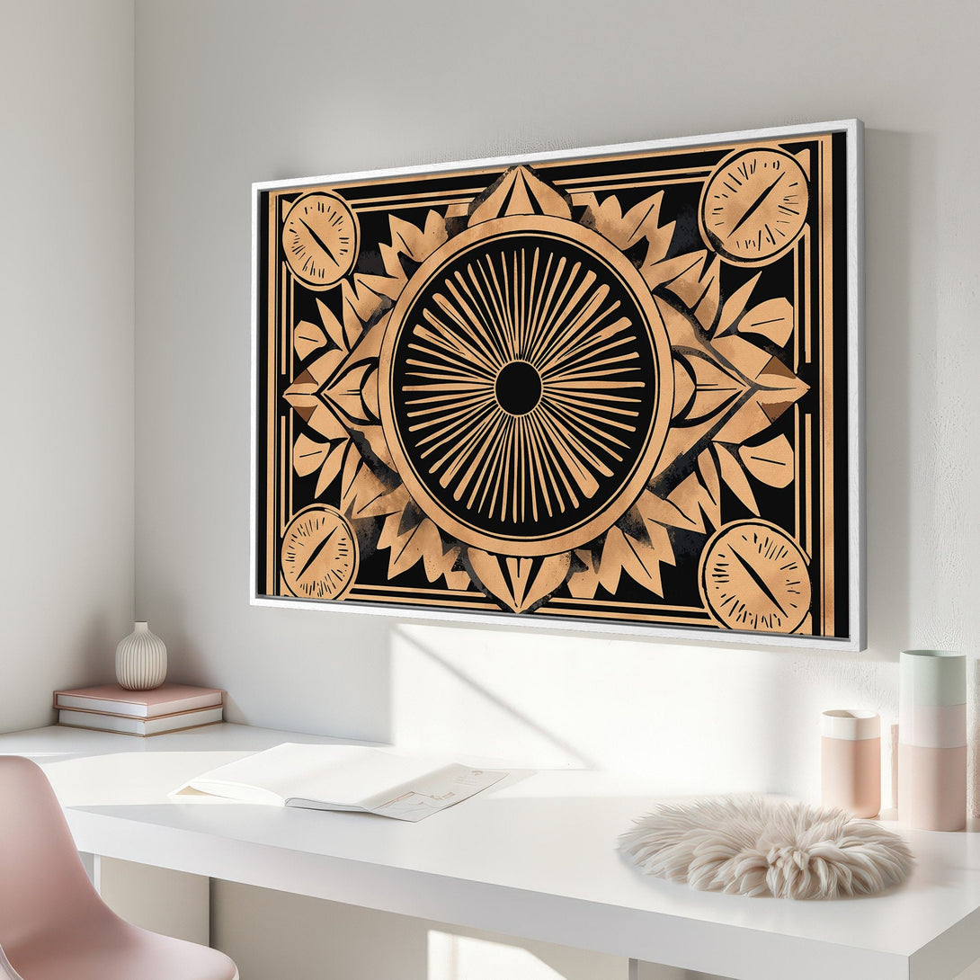 Framed Wall Art: Geometric design Canvas Print in gold and black. Modern art style, perfect for interior decor with a neutral color palette.
