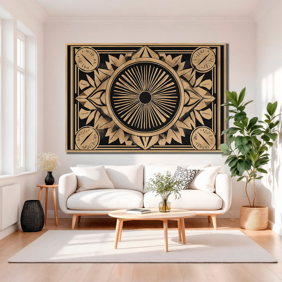 Framed Wall Art featuring a geometric mandala design in black and gold, adding an elegant touch to a modern living room.
