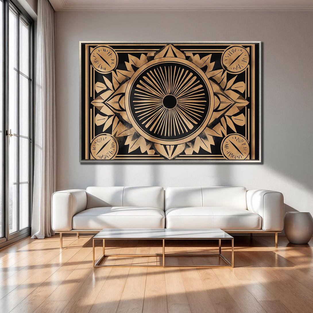 Framed Wall Art: Geometric black & gold design canvas print in a modern living room. Enhance your decor with this stylish art piece.