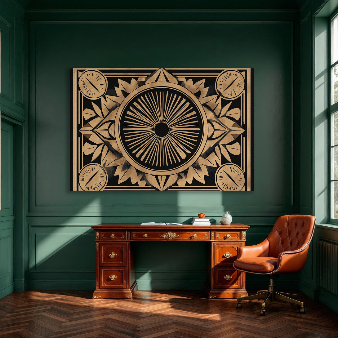 Framed Wall Art: Geometric art print in black and gold, displayed in a modern dining room. Enhance your space with this stunning canvas print!