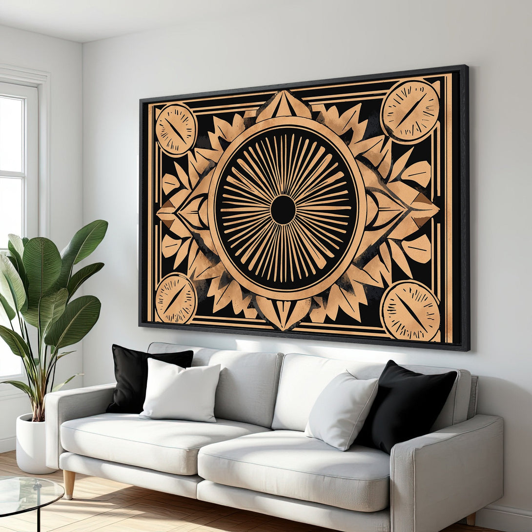 Framed Wall Art: Geometric gold and black design canvas print, modern art deco style, adds a touch of elegance to any living room.