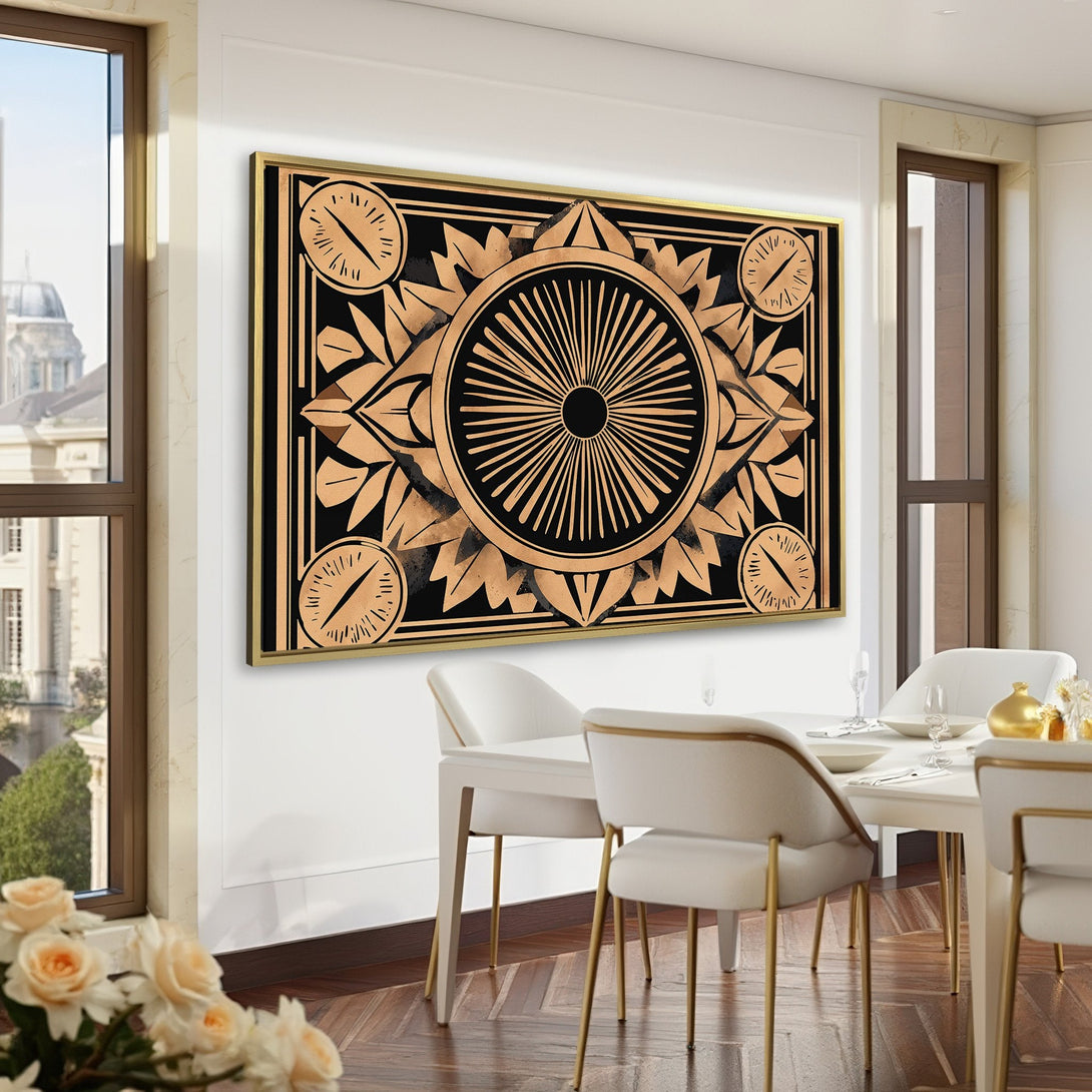 Canvas Print featuring a geometric art deco design in gold and black, displayed in a sophisticated green interior.